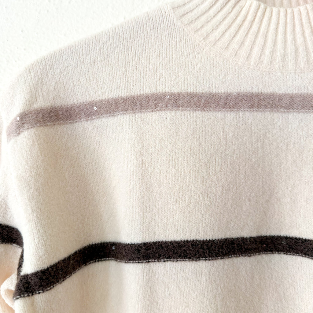 Chico's Sequined Stripe Pullover Sweater in English Cream | 00/XS