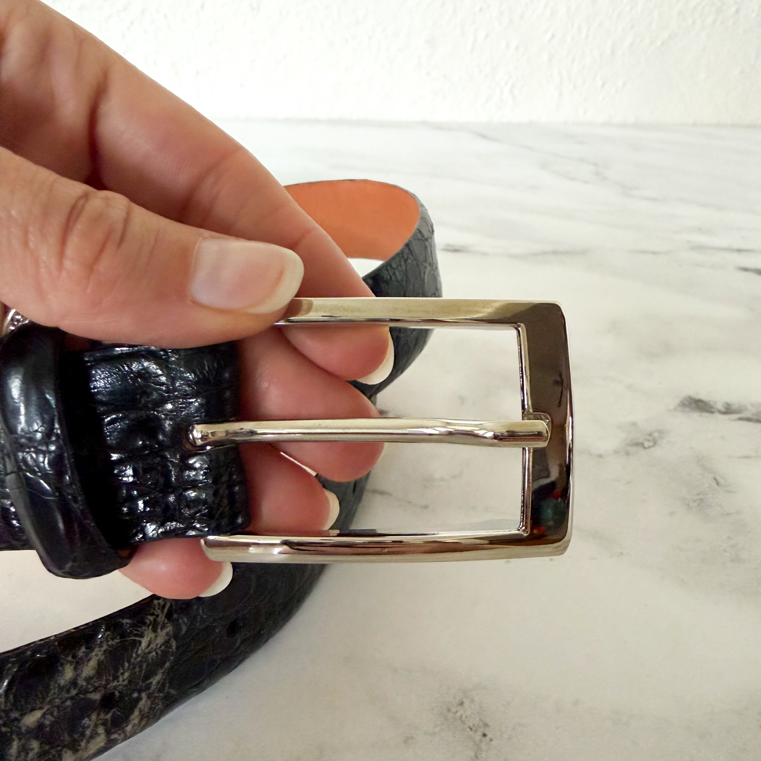 Martin Dingman Black Genuine Crocodile Leather Belt with Silver Buckle | 38