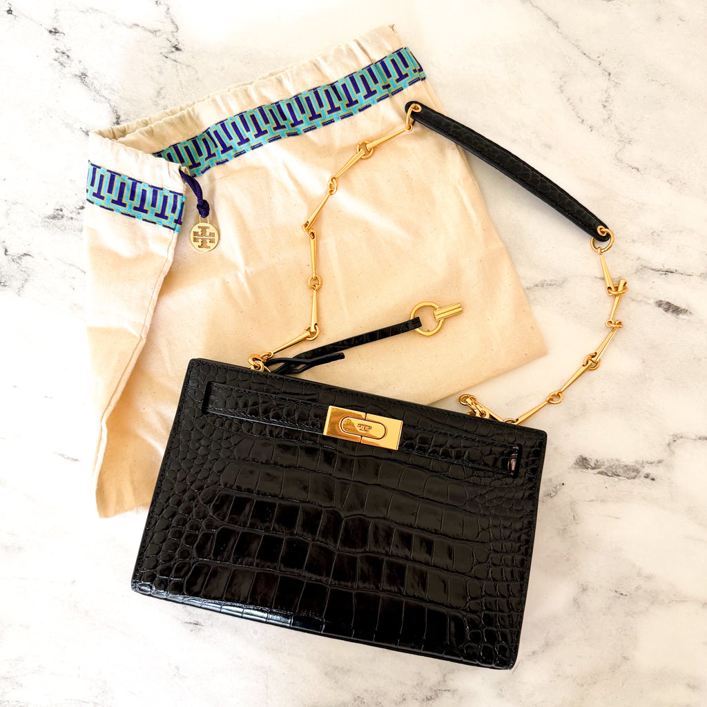 Tory Burch Lee Radziwill Black Croc-Embossed Leather Petite Bag