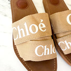 Chloé Woody Flat Logo Tan White Ribbon Slide Sandals, sz 37/6.5