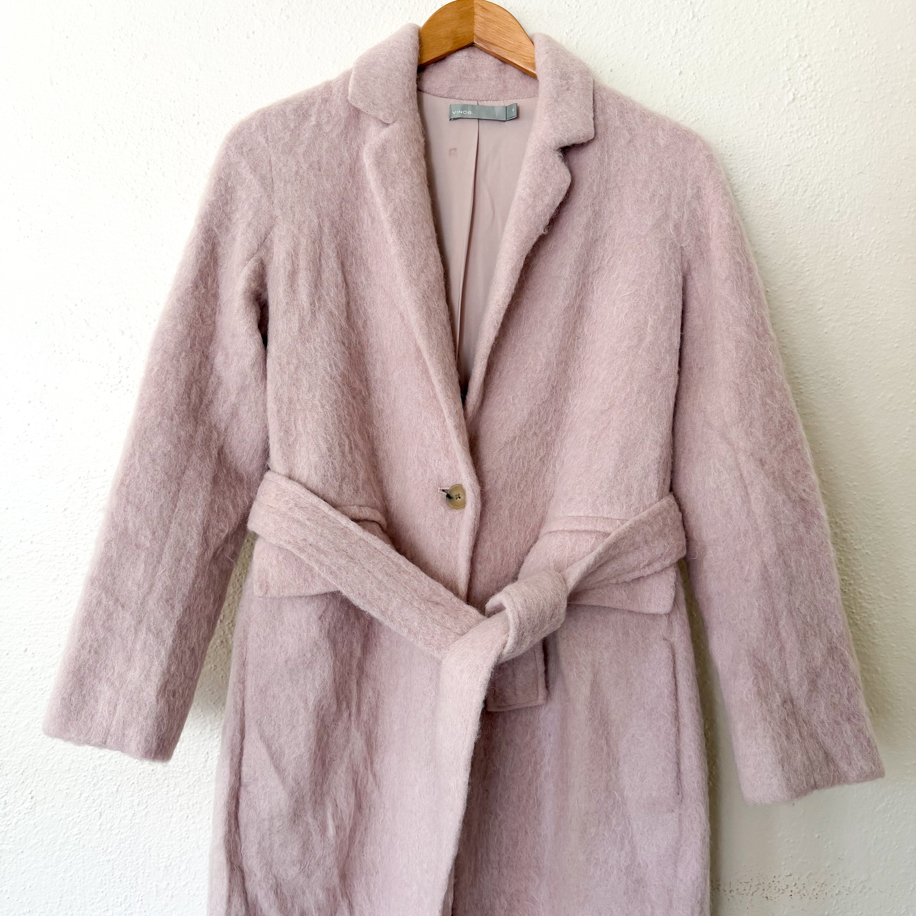 Vince Alpaca Mohair Blend Longline Belted Trench Coat in Dusty Blush Pink | XS
