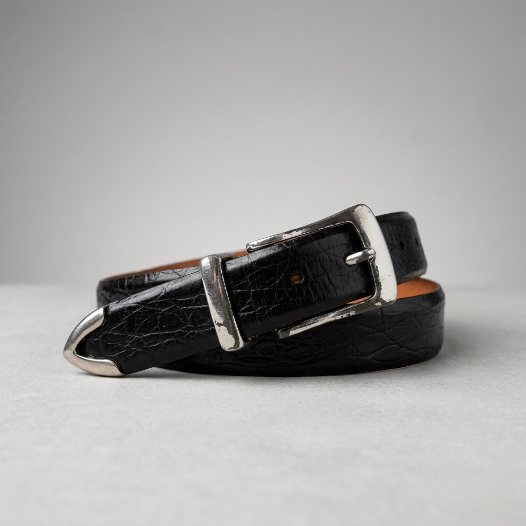 Martin Dingman Black Crocodile Grain Italian Calfskin Belt with Silver Tip | 42