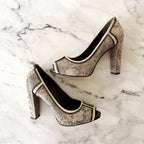 Tory Burch Matilda Pitone Rocha Snake Embossed Leather Block Peep Toe Heels | 6