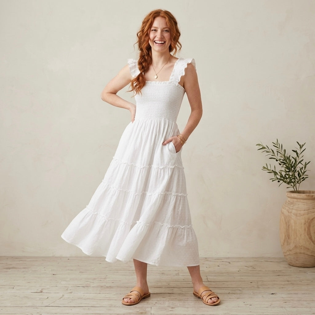 O.P.T. Calypso Cotton Smocked White Swiss Dot Midi Dress | XS