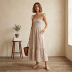 Abercrombie & Fitch Smocked Top Spaghetti Strap Maxi Dress in Neutral Windowpane | XS
