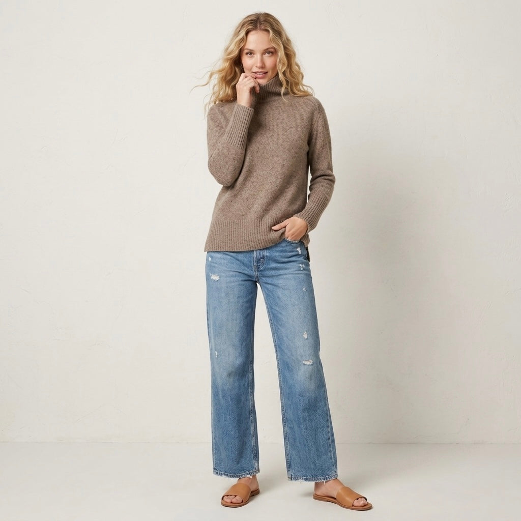 Vince 100% Cashmere Donegal Side Slit Turtleneck Sweater in Beige Camel | XXS