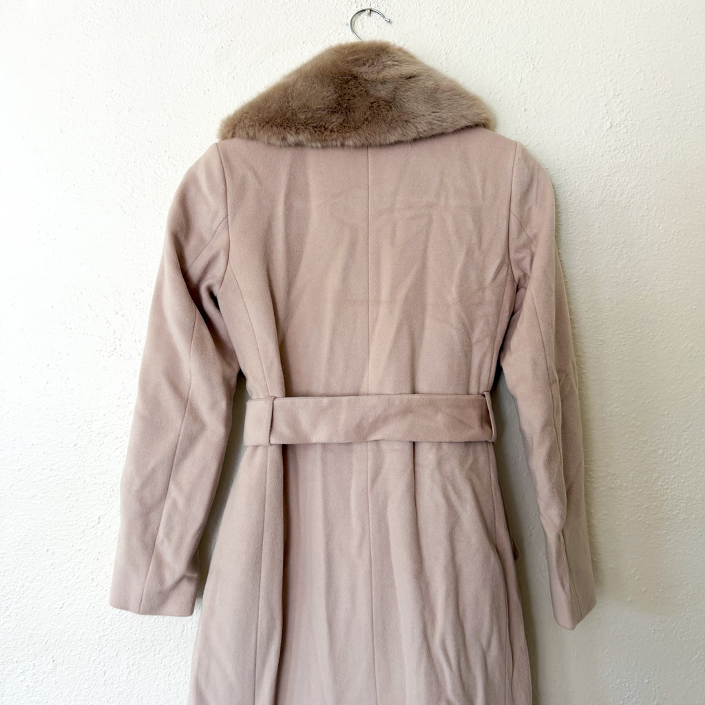 Reiss Dawson Full Length Belted Coat with Detachable Faux Fur Shawl Collar in Dusty Mauve | XS