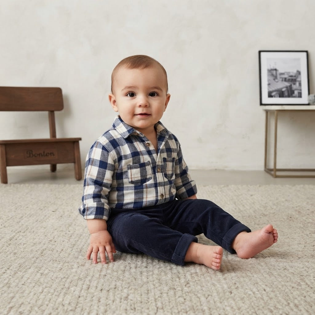 H&M Navy Blue Cream Plaid Button Down Long Sleeve Shirt | 6-9m