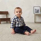 H&M Navy Blue Cream Plaid Button Down Long Sleeve Shirt | 6-9m