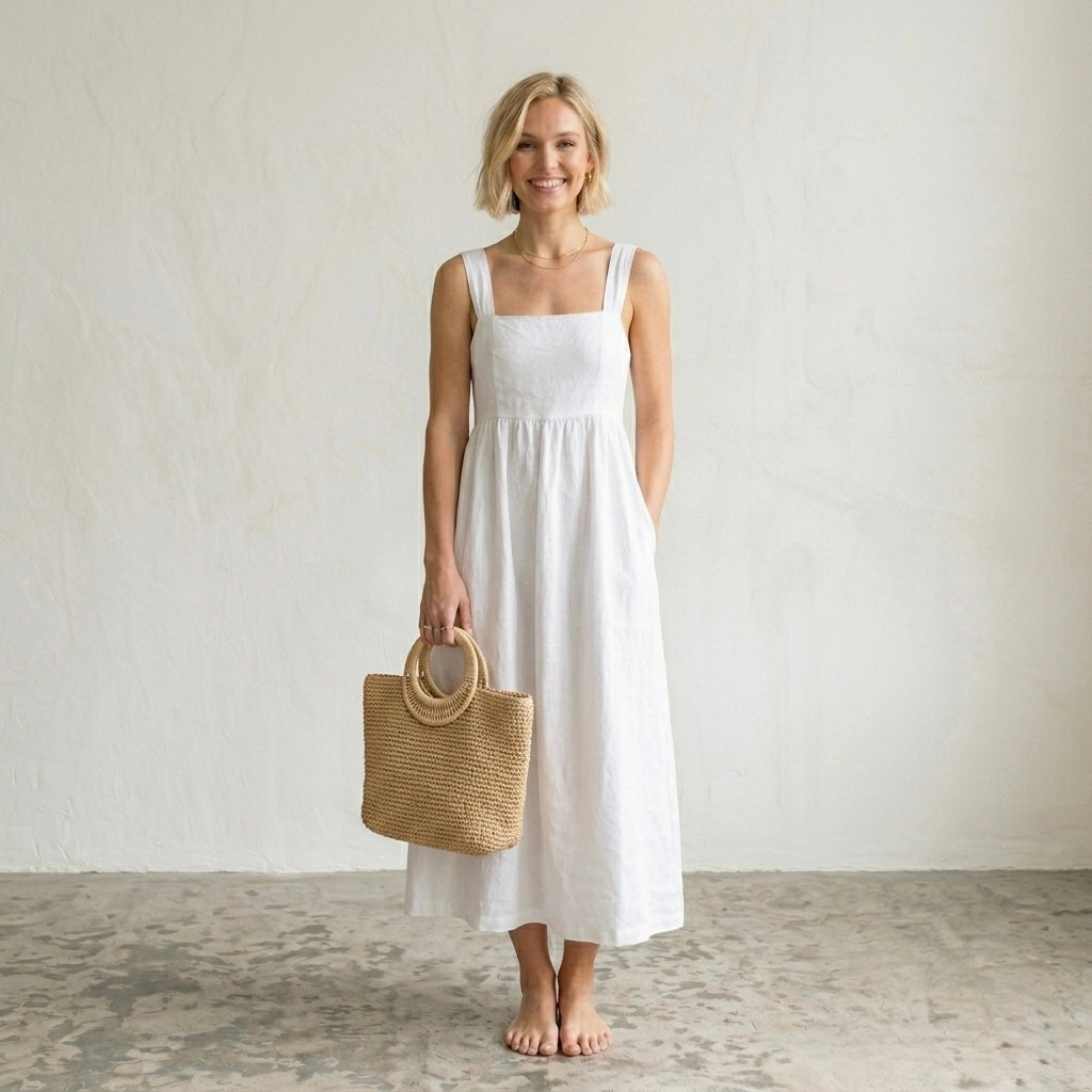 J.Crew White Squareneck 100% Linen Midi Dress | 0