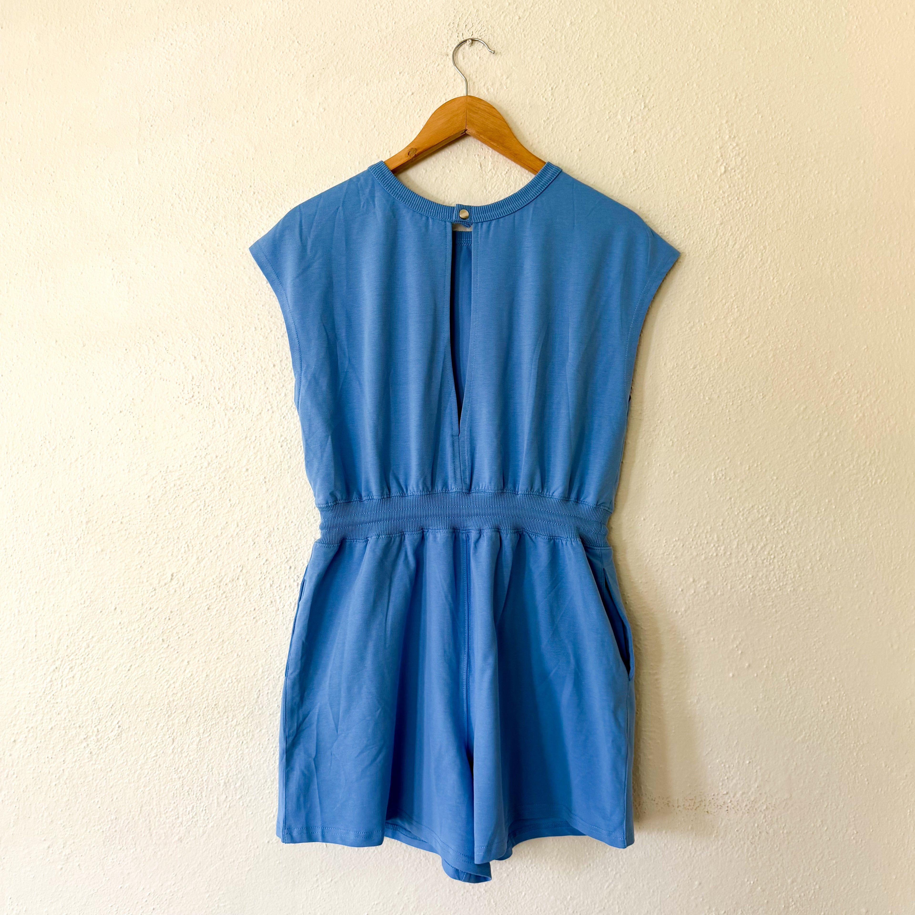 Womens Blue Throw & Go Shortsie Dupe Knit Muscle Sleeve Top Romper | Sm