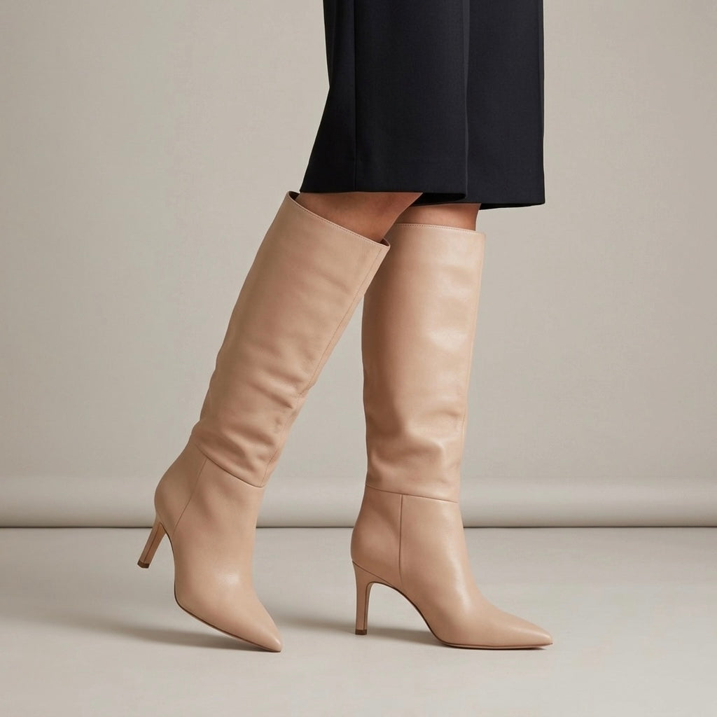 Marc Fisher Georgiey Pointed Toe Knee High Boot in Cream | 6.5