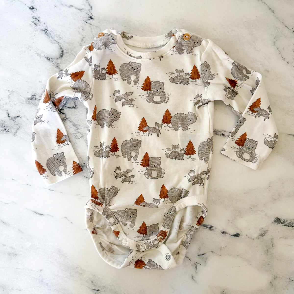 H&M Organic Cotton Cream Bear Forest Long Sleeve Bodysuit | 3-6m