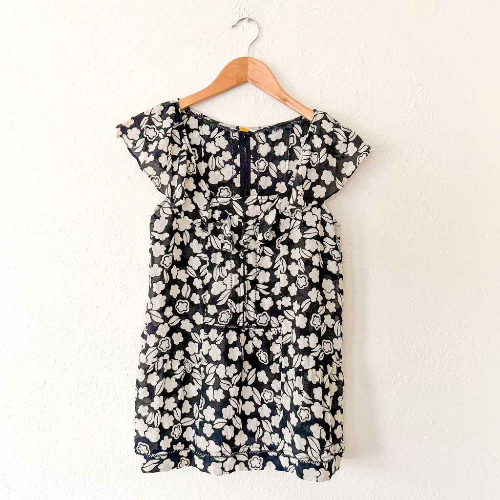 Leifsdottier 100% Silk Black Floral Short Sleeve Blouse | 6