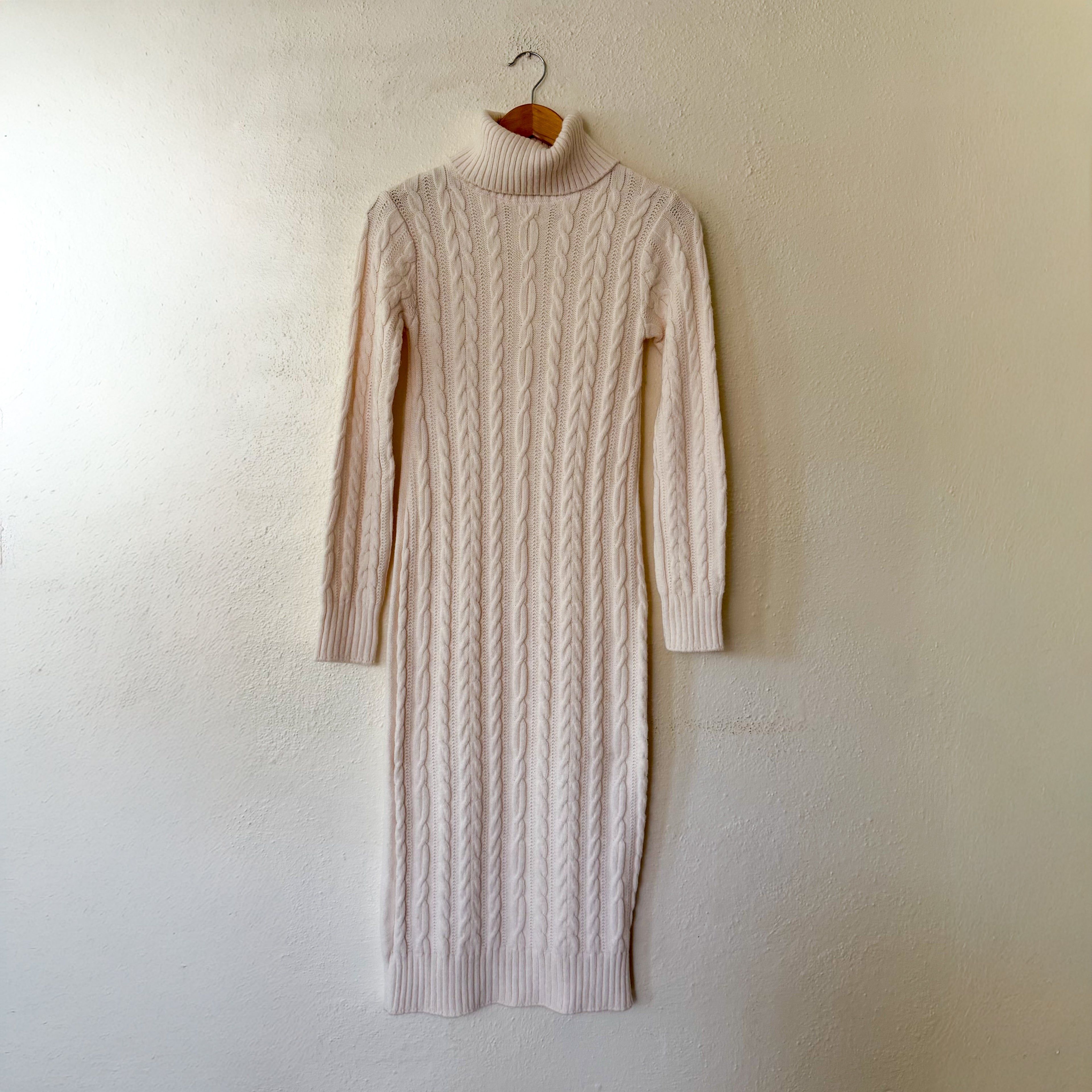 River Island Turtleneck Cable Knit Long Sleeve Midi Sweater Dress in Cream | S