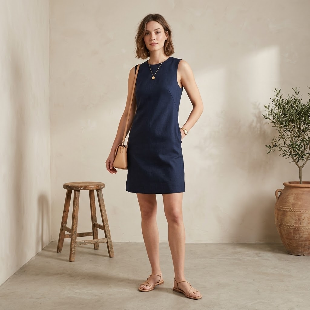 Spanx EasyBreezy A-Line Linen Blend Mini Dress in Timeless Navy | XS