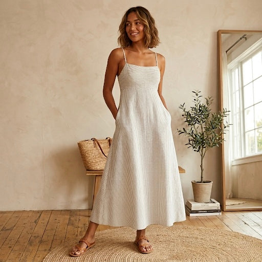 Madewell Striped Linen Empire-Waist Midi Dress in Lighthouse | XS