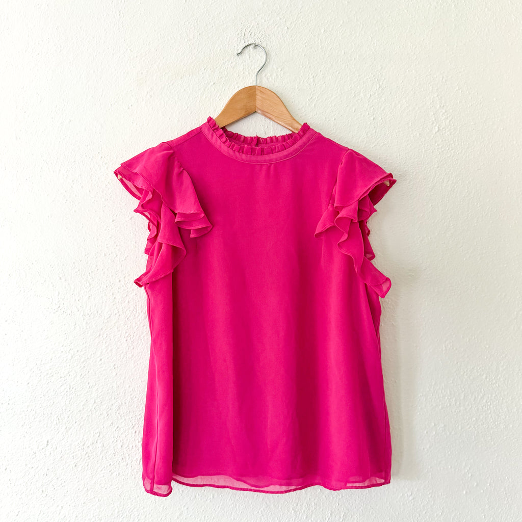 DKNY Sleeveless Ruffle Silky Chiffon Blouse in Hot Pink | S