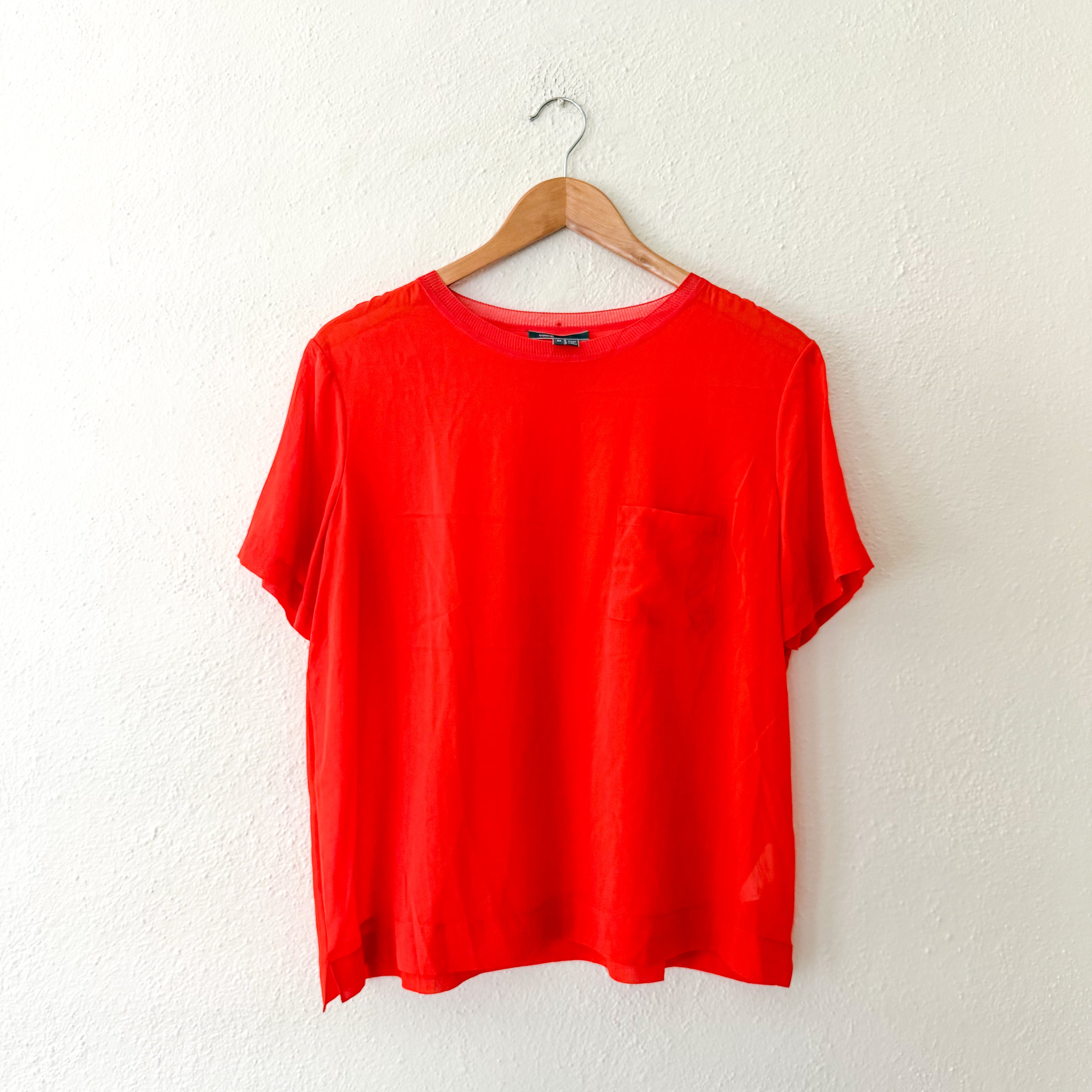 Vince 100% Silk Fire Orange Sheer Pocket Tee |  M