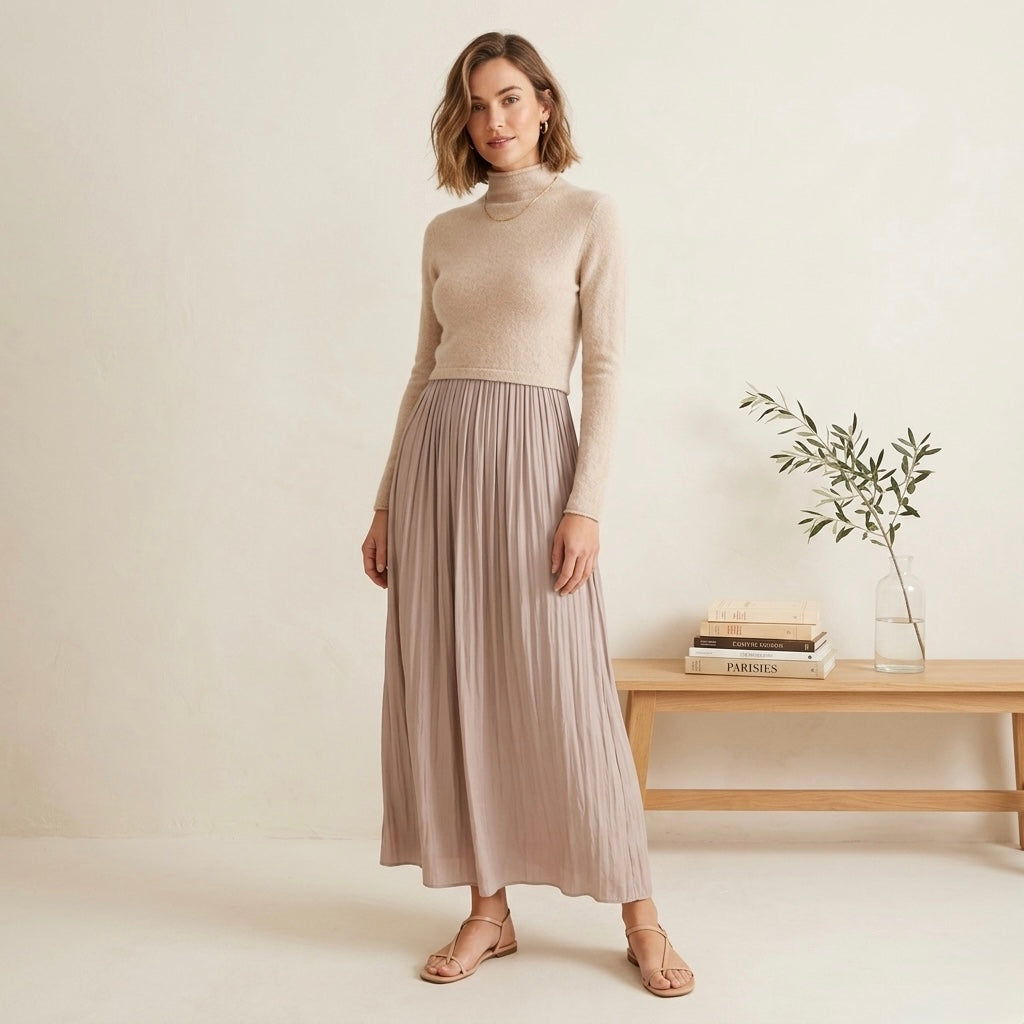 Anthropologie The Thea Twofer Eyelash Mockneck Sweater Dress Neutral Beige | XXS