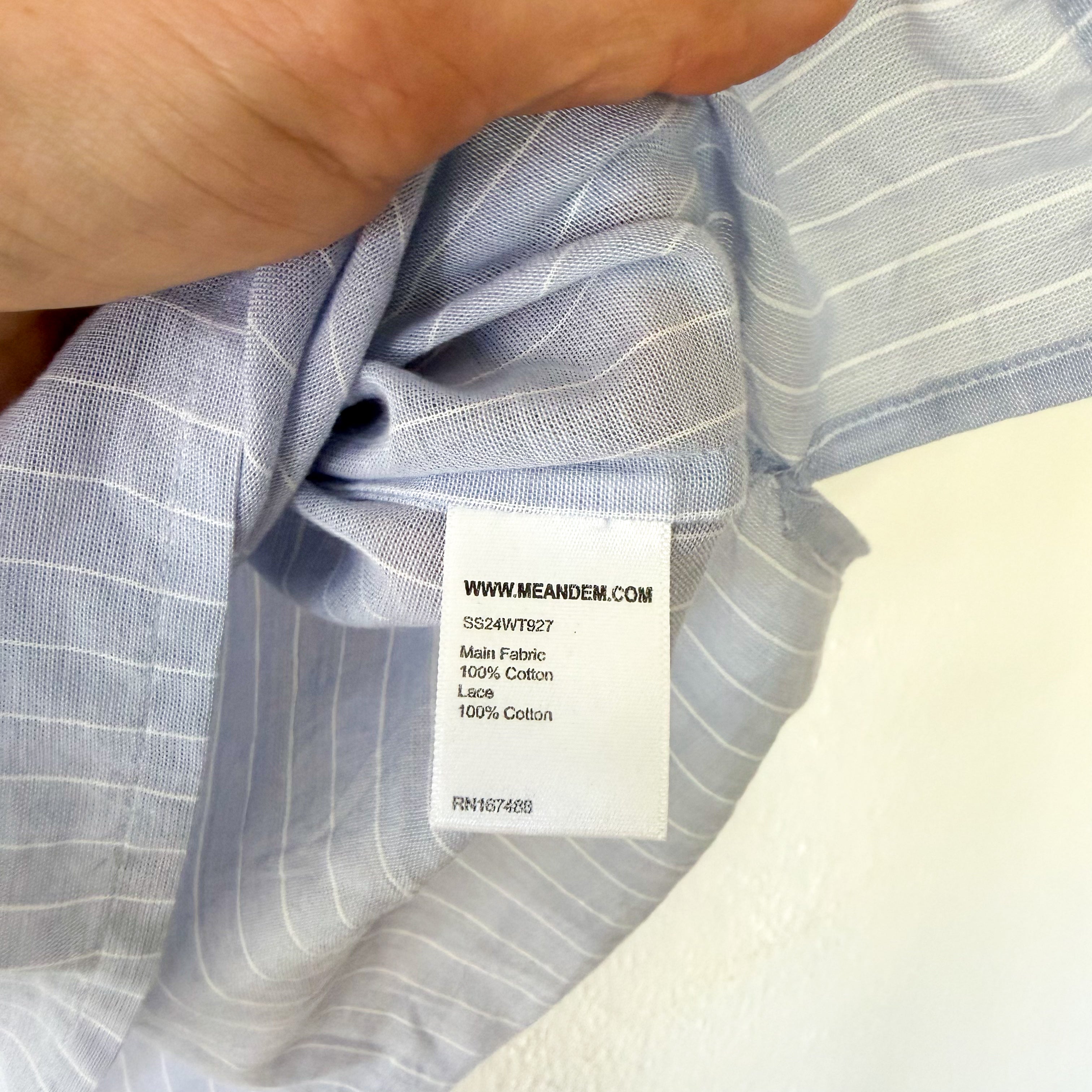 ME+EM Ruffle Mockneck Half Button Up Elbow Sleeve Cotton Blouse in Blue Stripe | 2