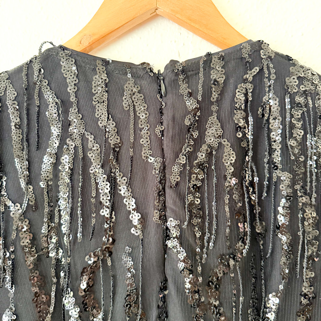 White House Black Market Black Long Sleeve Fringe Mini Dress | 0