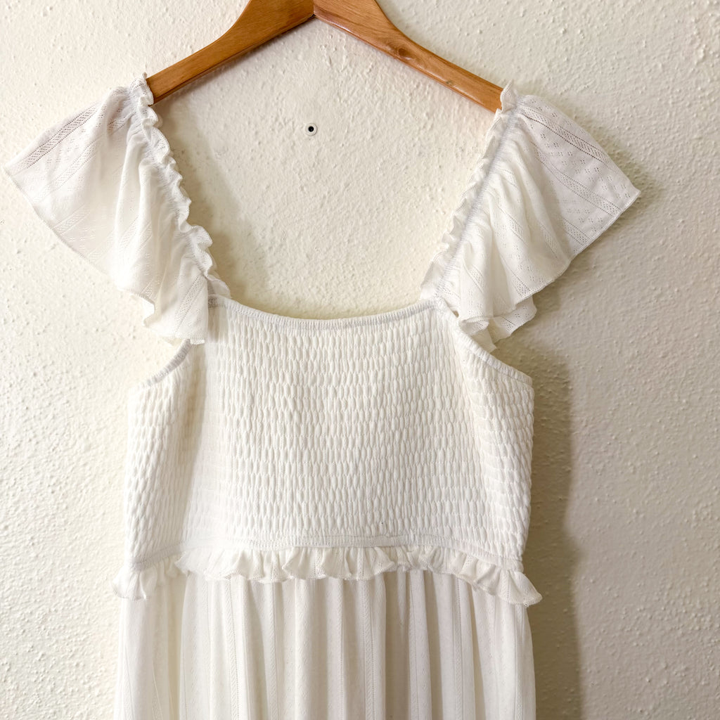 Women’s White Smocked Flutter Sleeve Pointelle Maxi Dress | S