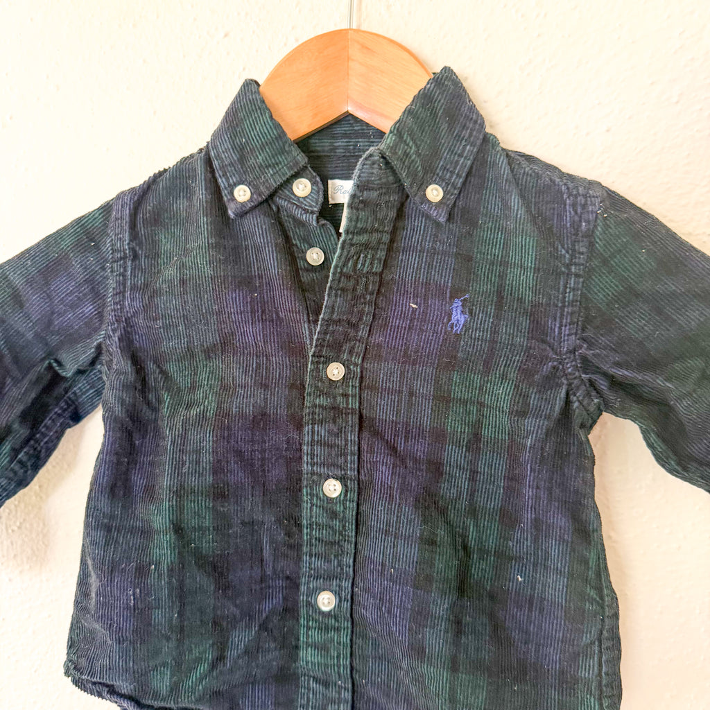 Polo Ralph Lauren Navy Green Plaid Textured Velvet Long Sleeve Bodysuit | 12-18m