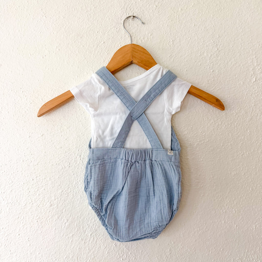 Little Planet Organic Ocean Blue Gauze Bubble Romper Overalls + Gerber White Bodysuit | 6-12m