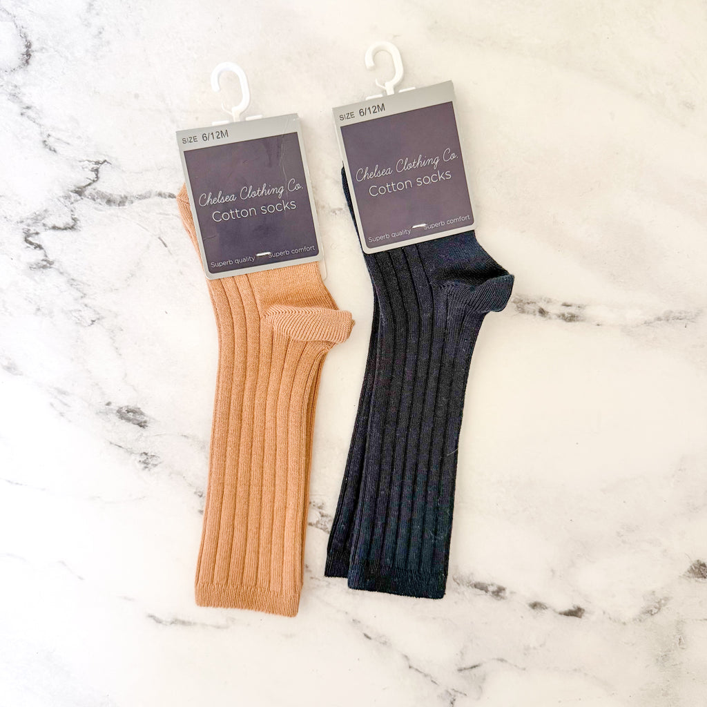 Chelsea Clothing Co. Cotton Knee High Socks Navy Blue + Tan Bundle | 6-12m