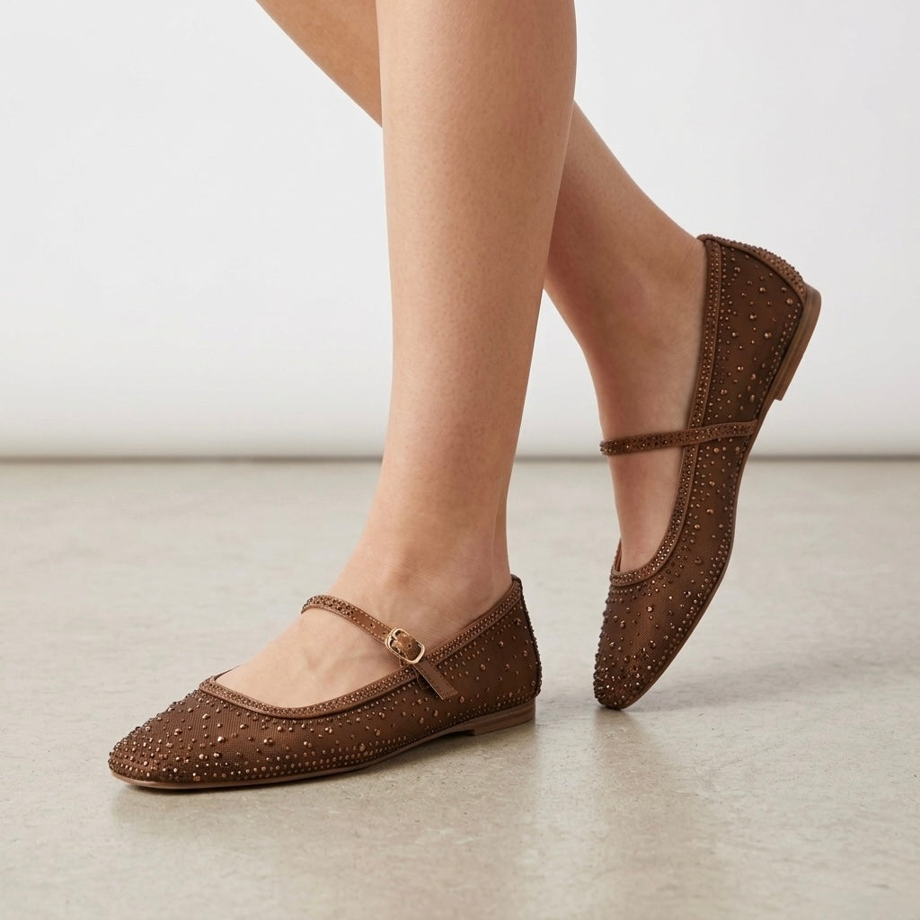 Dolce Vita Reyes Crystal Embellished Ballet Flats in Brown Mesh | 6.5