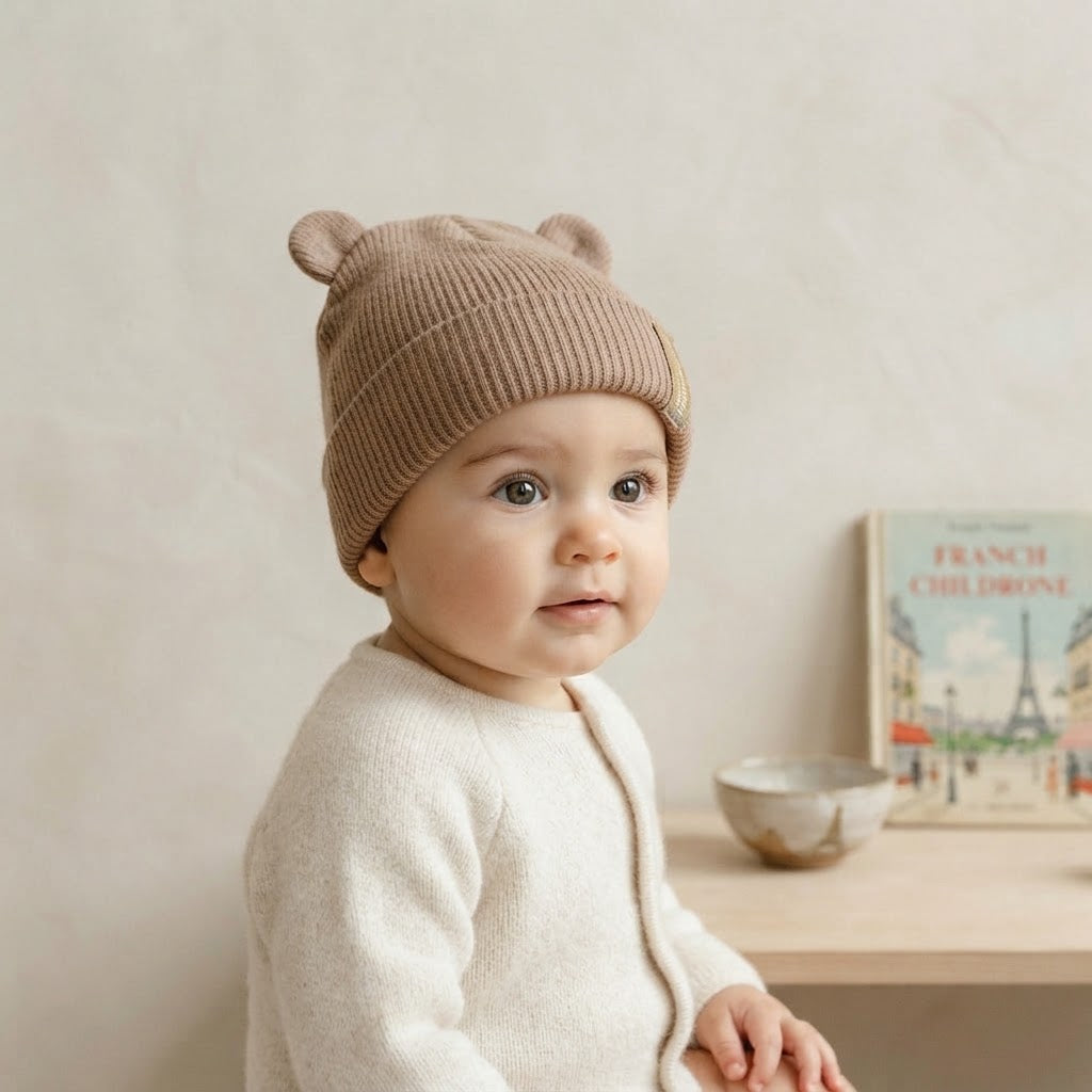 Zara Good Things Ahead Ribbed Teddy Ears Beanie in Pecan