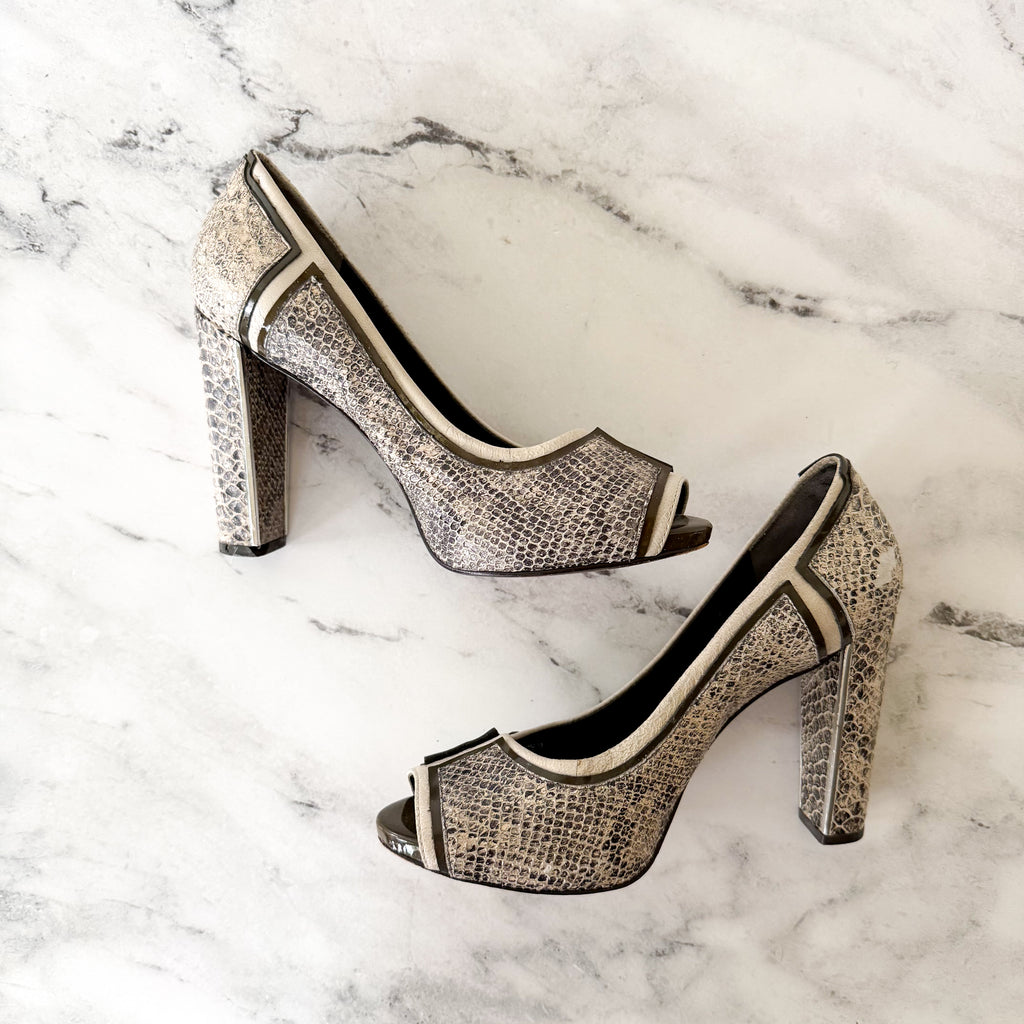 Tory Burch Matilda Pitone Rocha Snake Embossed Leather Block Peep Toe Heels | 6