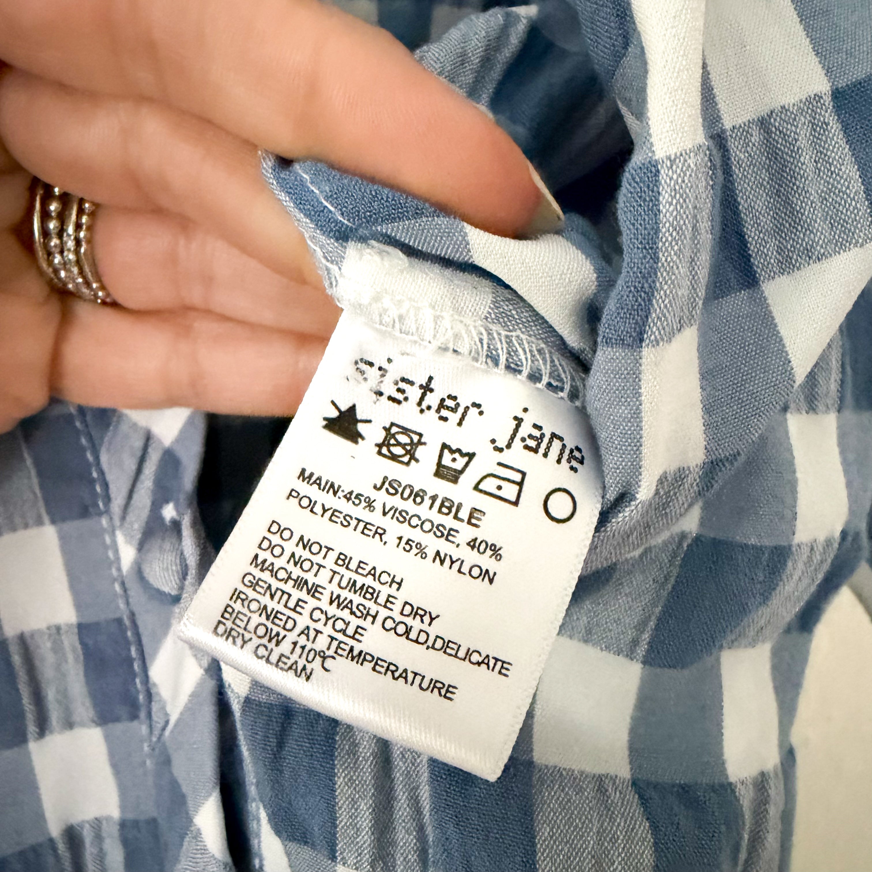 Sister Jane Blue Gingham Ruffle Patch Pocket Romper | XS
