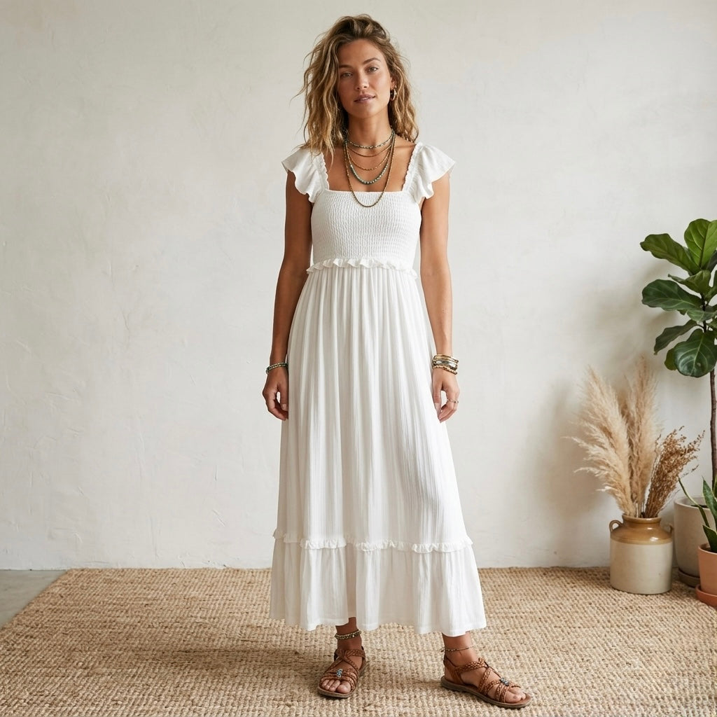 Women’s White Smocked Flutter Sleeve Pointelle Maxi Dress | S