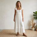 Women’s White Smocked Flutter Sleeve Pointelle Maxi Dress | S