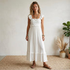 Women’s White Smocked Flutter Sleeve Pointelle Maxi Dress | S