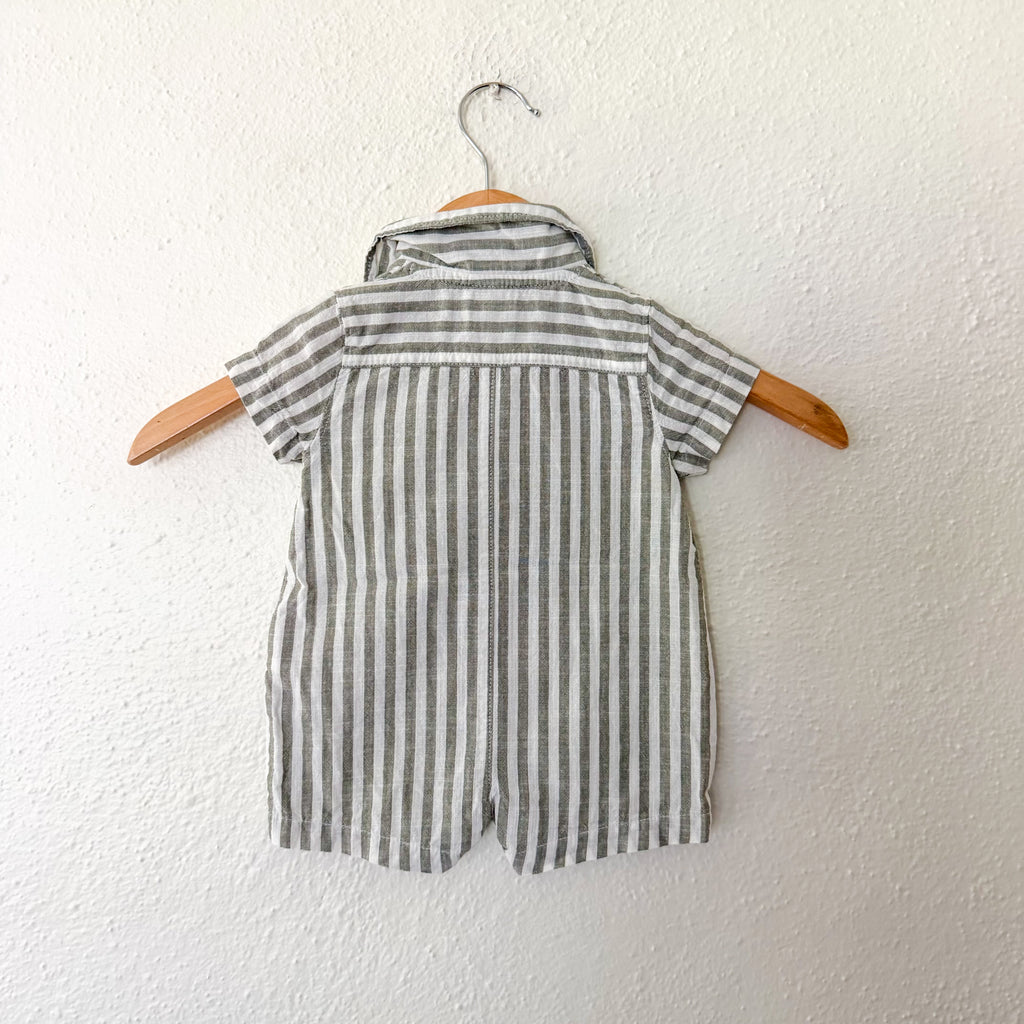 Carter's Olive Green Cream Stripe Cotton Button Down Romper | 0-3m