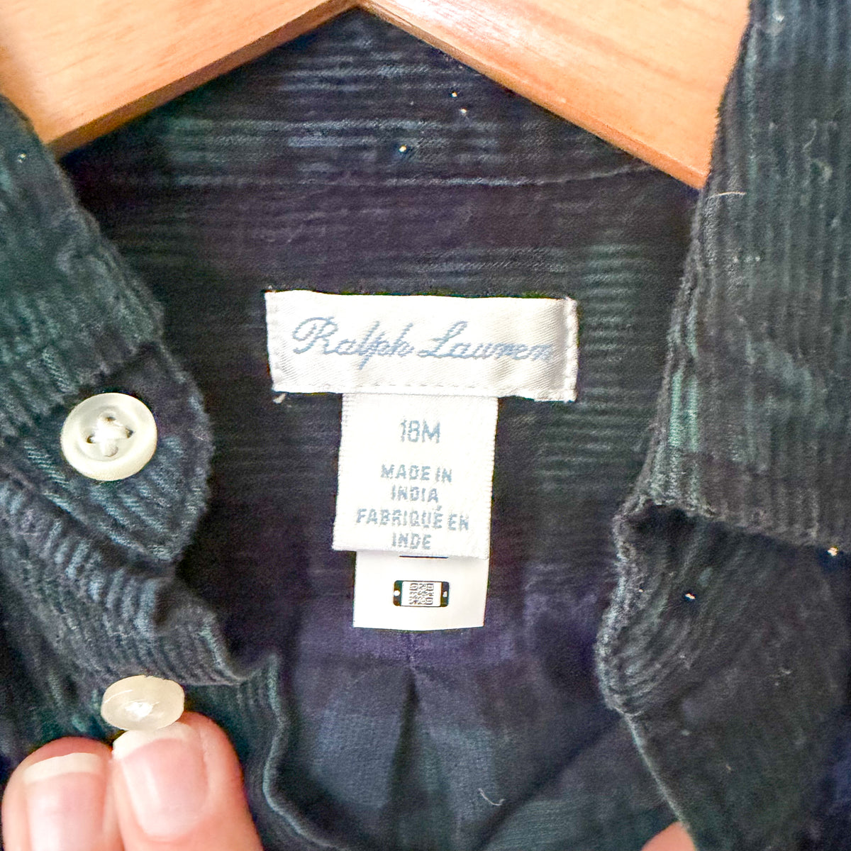 Polo Ralph Lauren Navy Green Plaid Textured Velvet Long Sleeve Bodysuit | 12-18m