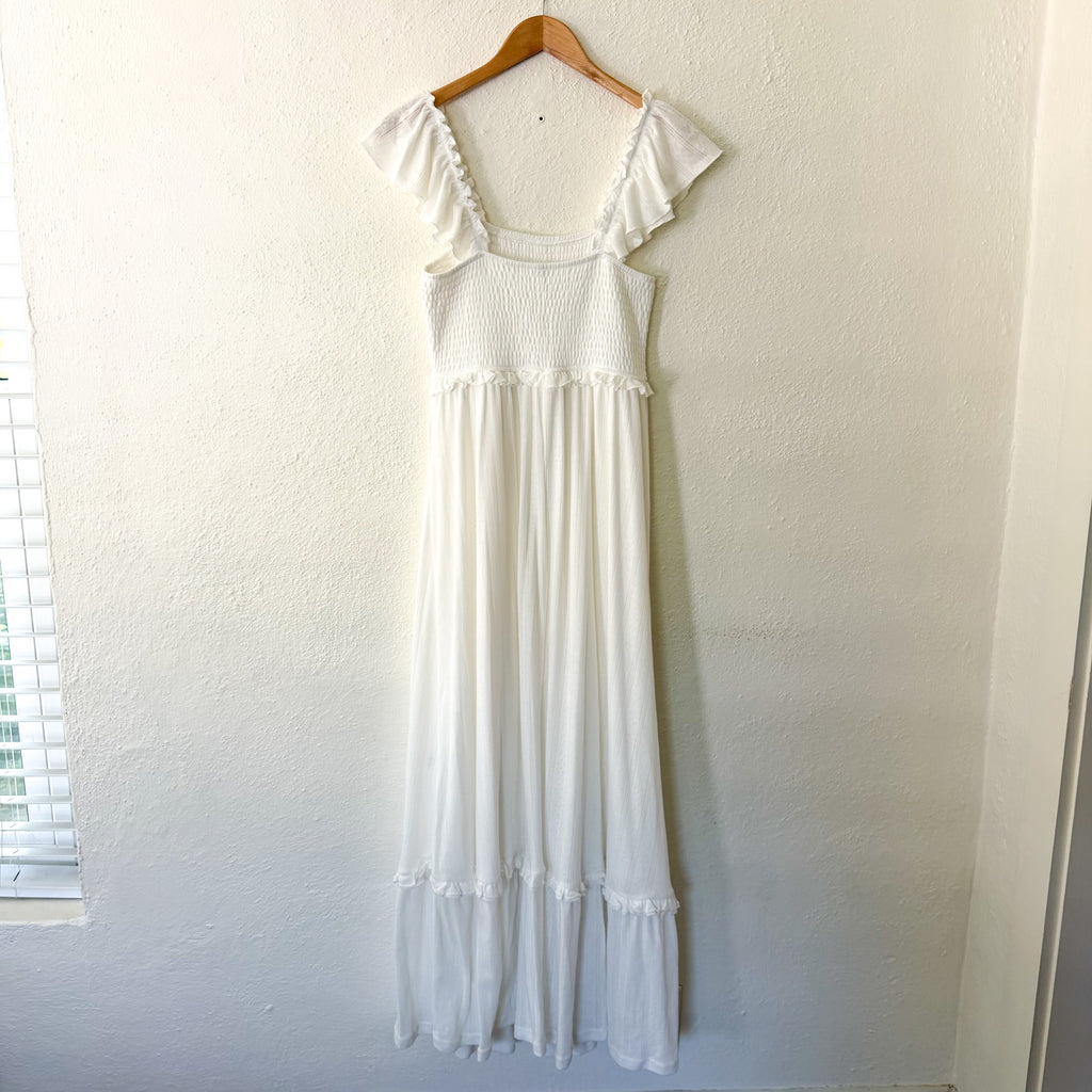 Women’s White Smocked Flutter Sleeve Pointelle Maxi Dress | S
