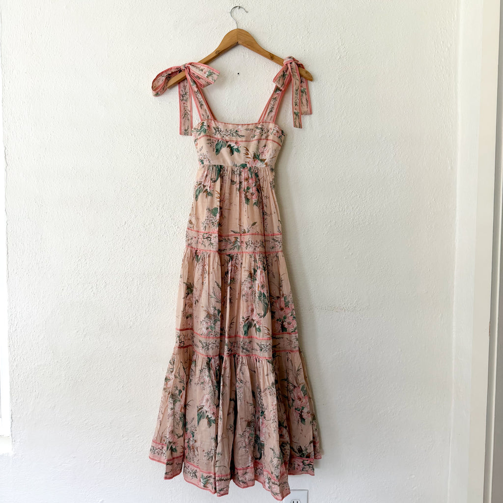 Zimmermann Pink Floral Moonshine Strappy Tie Shoulder Maxi Dress | 0P