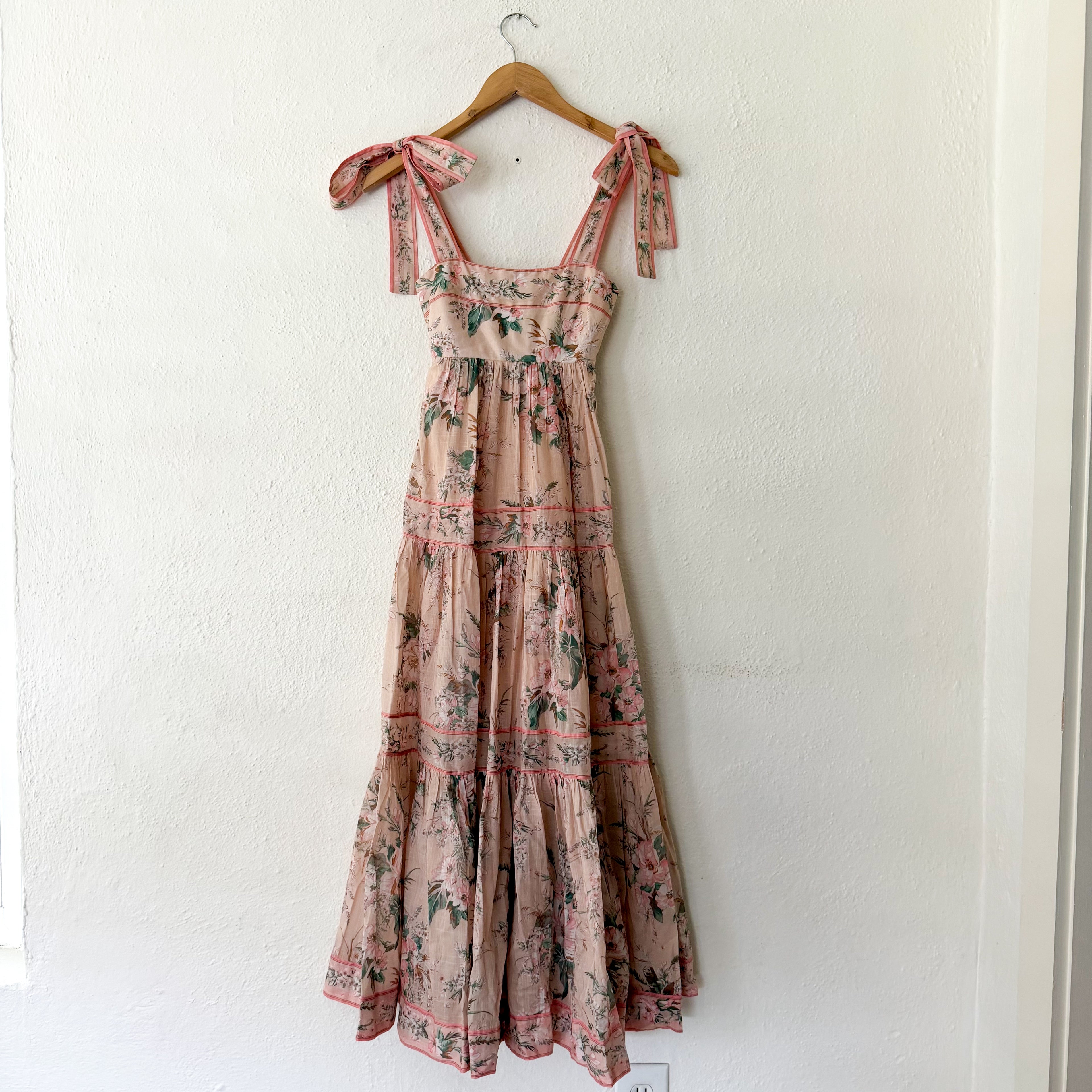 Zimmermann Pink Floral Moonshine Strappy Tie Shoulder Maxi Dress | 0P