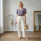 Cami NYC 100% Linen Cropped Purple Floral Puff Sleeve Blouse | XS