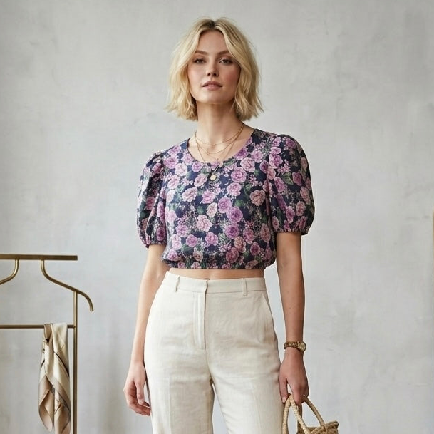 Cami NYC 100% Linen Cropped Purple Floral Puff Sleeve Blouse | XS