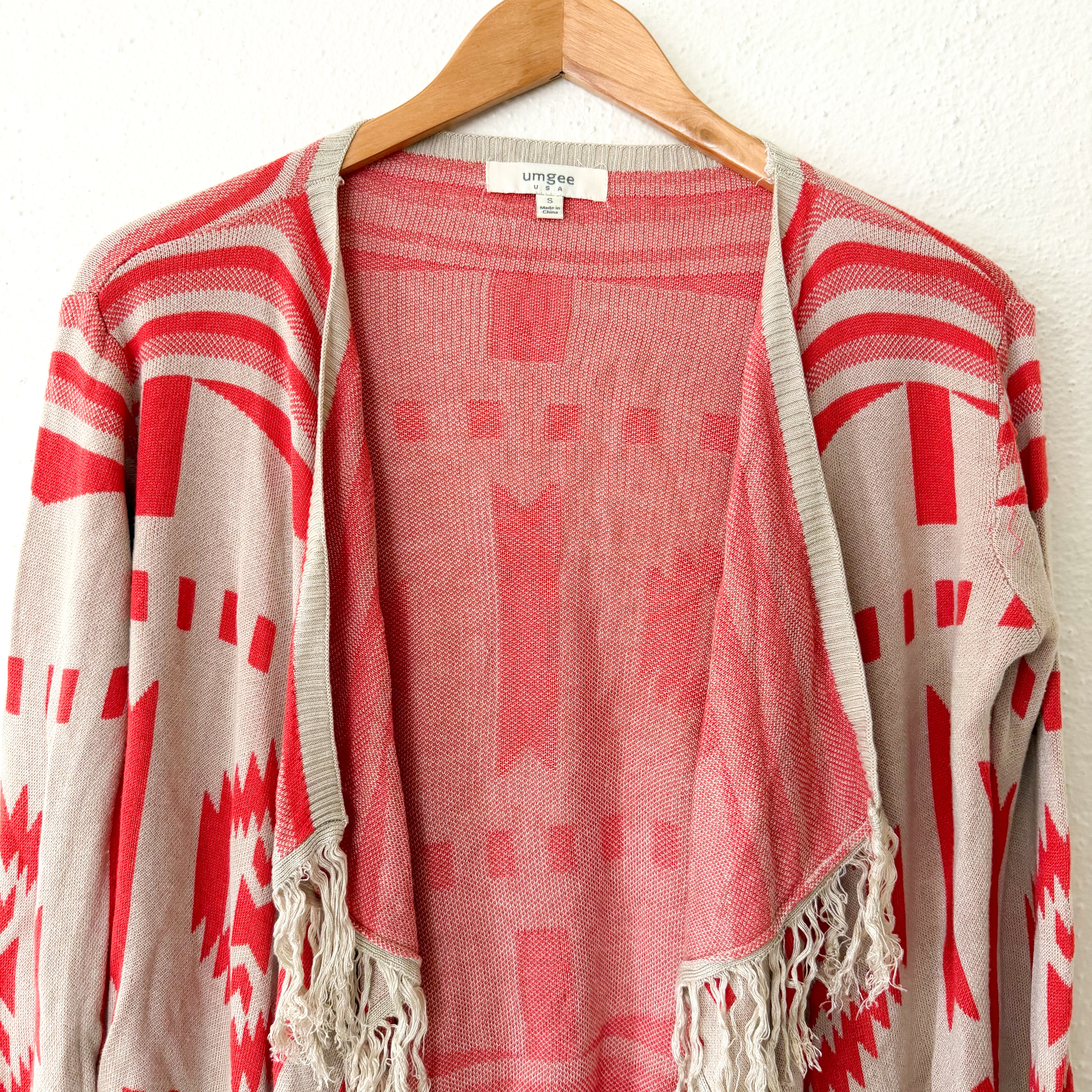 Umgee Boho Tribal Print Open Front Fringe Cardigan | S