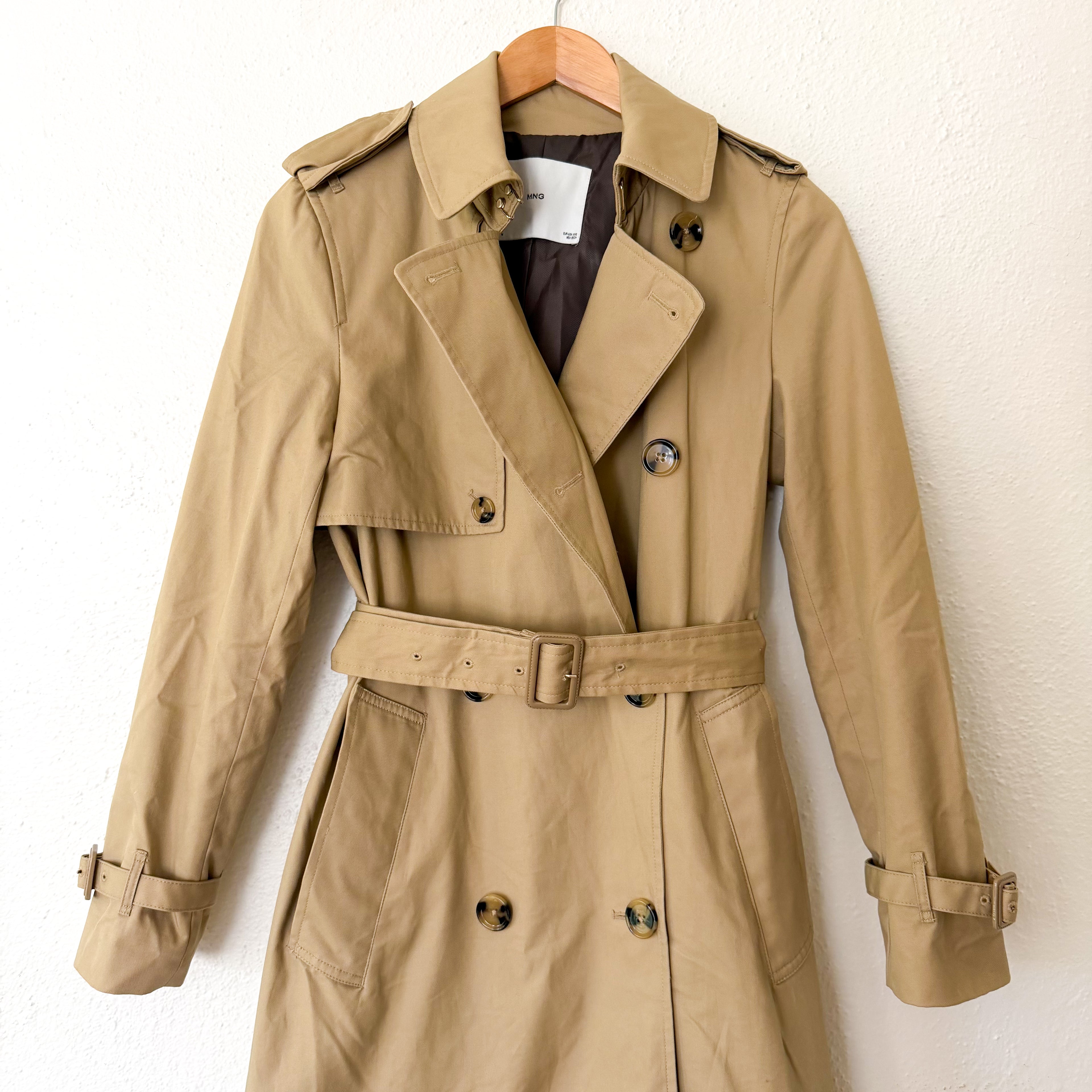Mango Classic Double Breasted Belted Longline Trench Coat in Beige, sz XS