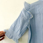 ME+EM Ruffle Mockneck Half Button Up Elbow Sleeve Cotton Blouse in Blue Stripe | 2