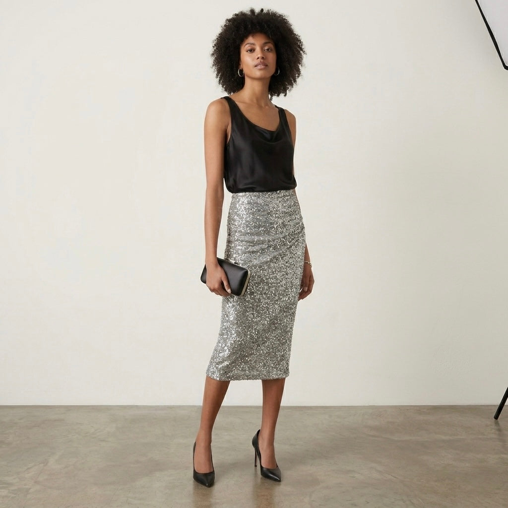 Express Silver Sequin Ruched Stretch Midi Skirt | XS