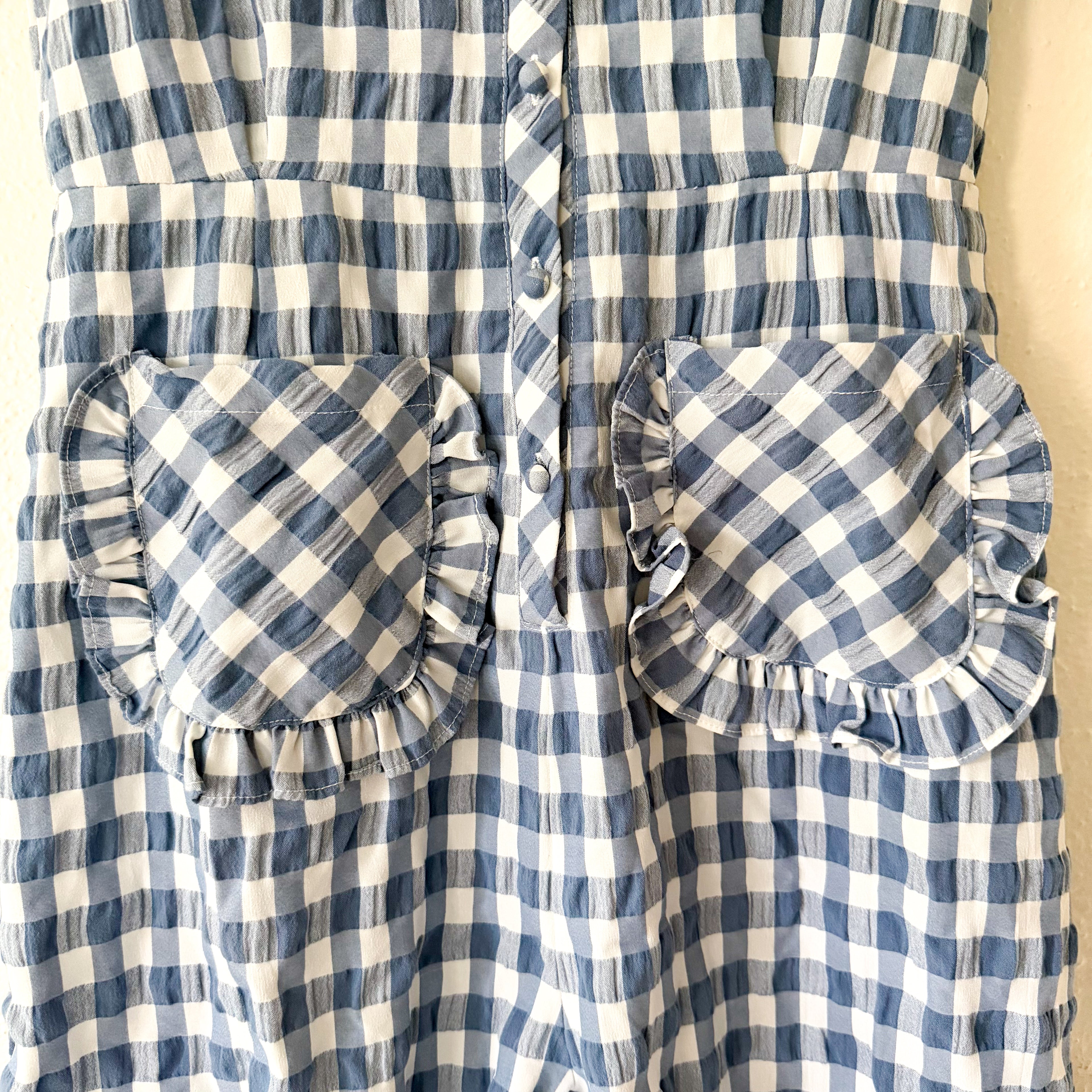 Sister Jane Blue Gingham Ruffle Patch Pocket Romper | XS