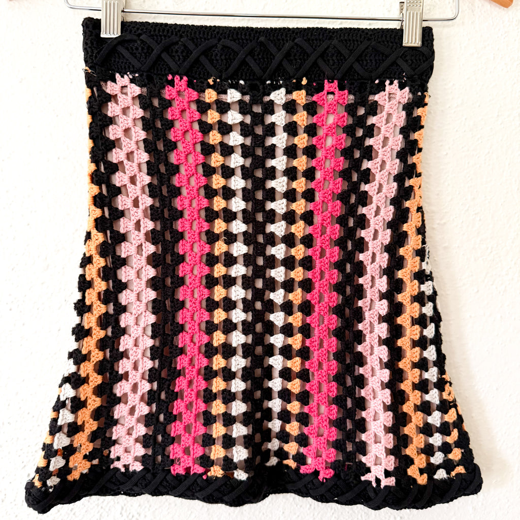 NBD Revolve Crochet Pink & Black Strapless Tube Top | XS